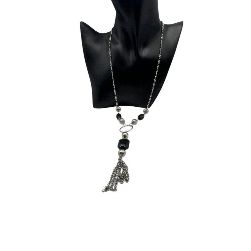 **Gun Metal Silver Tone Beaded Tassel Necklace